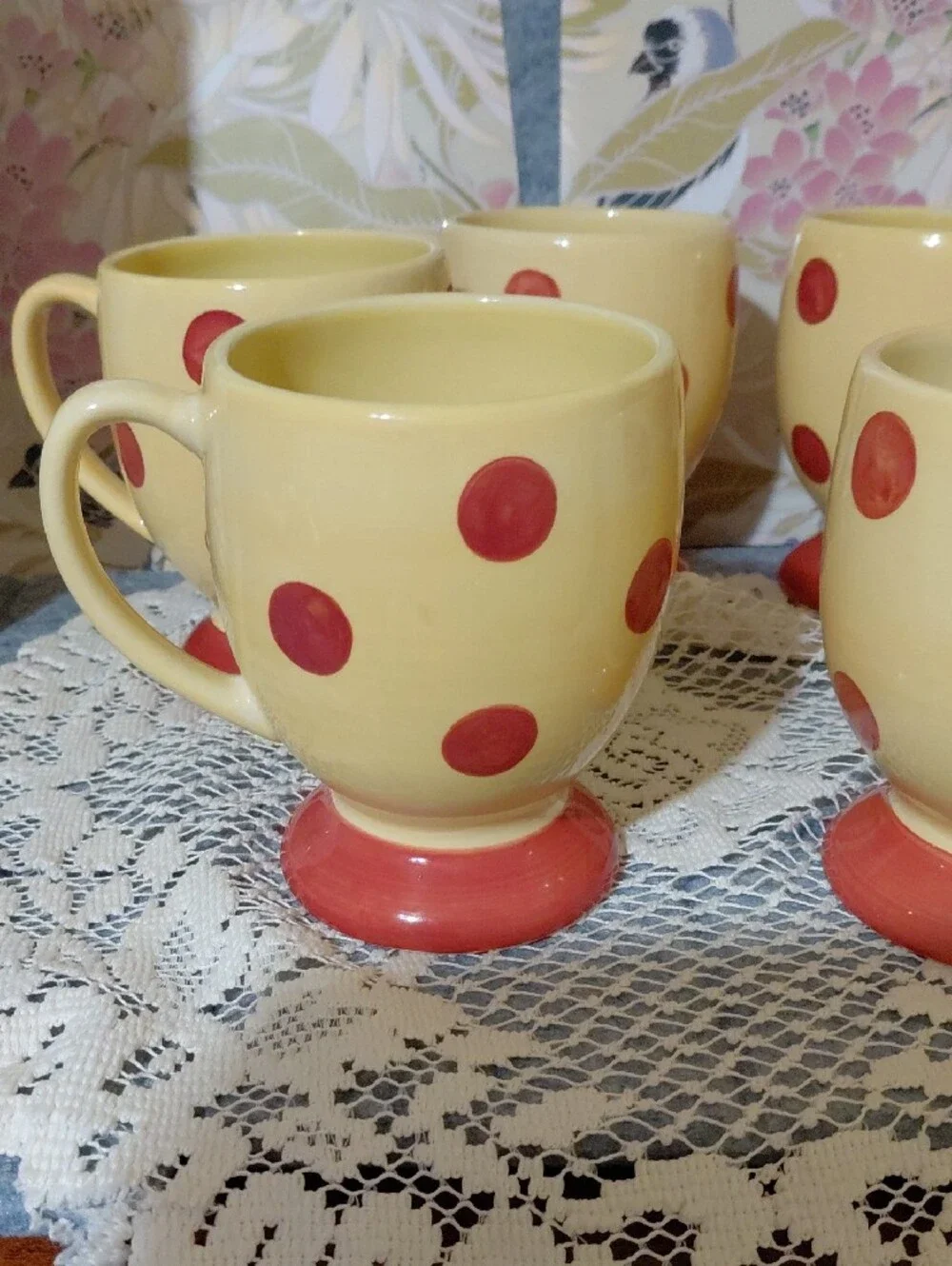 Set of 6 Yellow Ceramic Footed Mugs with Red Polka Dots